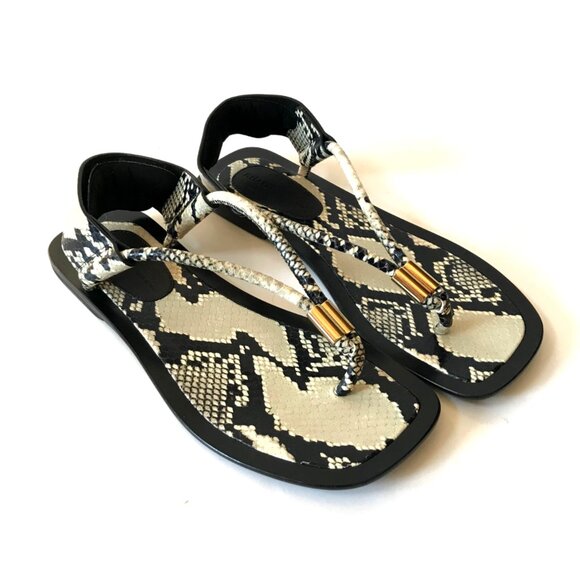 Khaite DeVoe Python Embossed Leather Sandals Flats Womens 37 7 Black Gold Thong - Picture 1 of 11